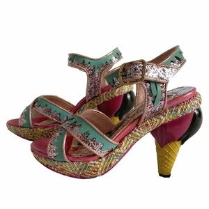 IRREGULAR CHOICE LIMITED EDITION ICECREAM GLITTER STRAPPY HIGH HEEL SANDALS 5.5
